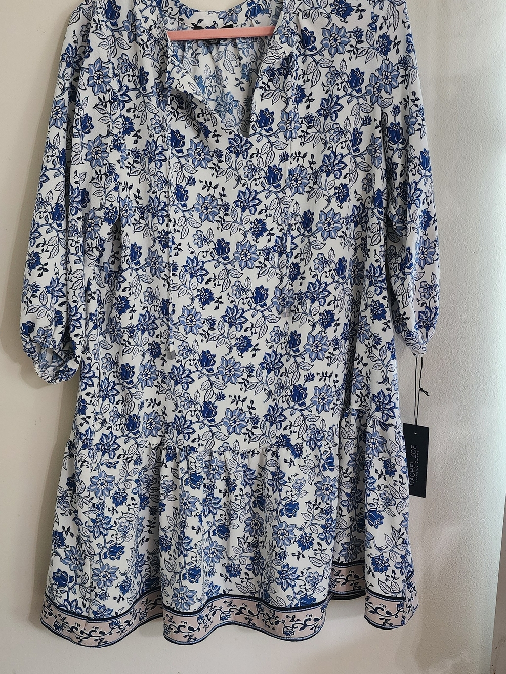 NWT Rachel Zoe Blue White Floral Chiffon Long Sleeve Drop Waist Dress Size L